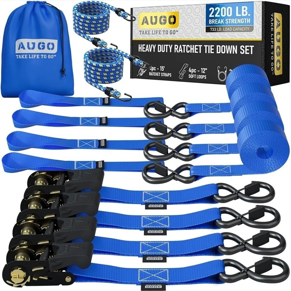 AUGO Ratchet Straps Heavy Duty 4 Pack -15 FT - 2200 LB Break Strength